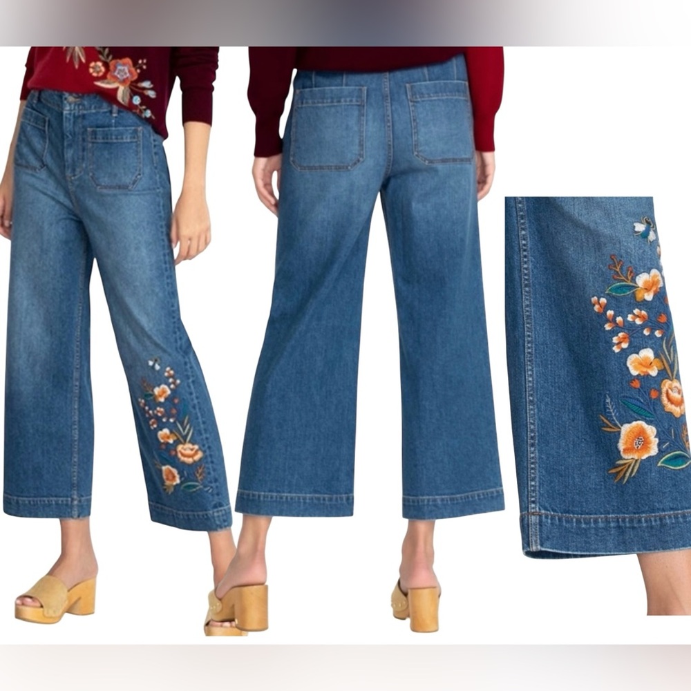 Johnny Was Shuri Cropped Wide Leg Jeans Floral Embroidered Patch Pocket Size 29 - Picture 2 of 16